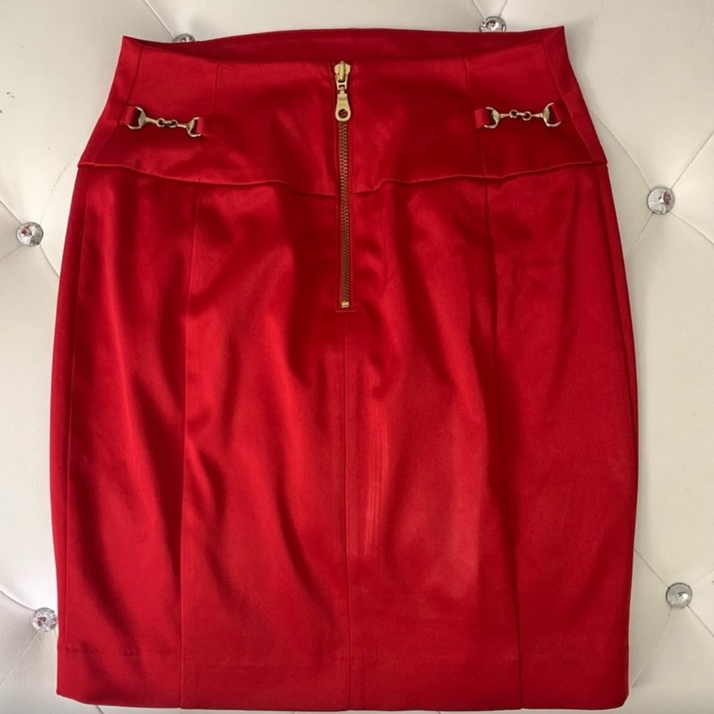 Express Red Satin Skirt Gold Horsebit